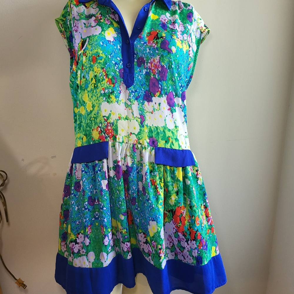 Size L Lamore Nannette Lepore V-neck Gree Multicolor flare Dress